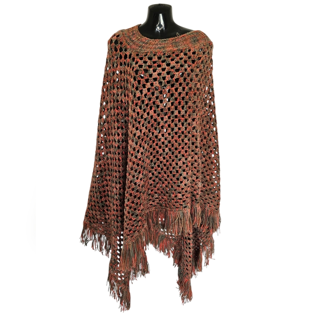 Crochet Boho Vintage 70s Orange/Green Poncho Shawl w Fringed Hem One Size